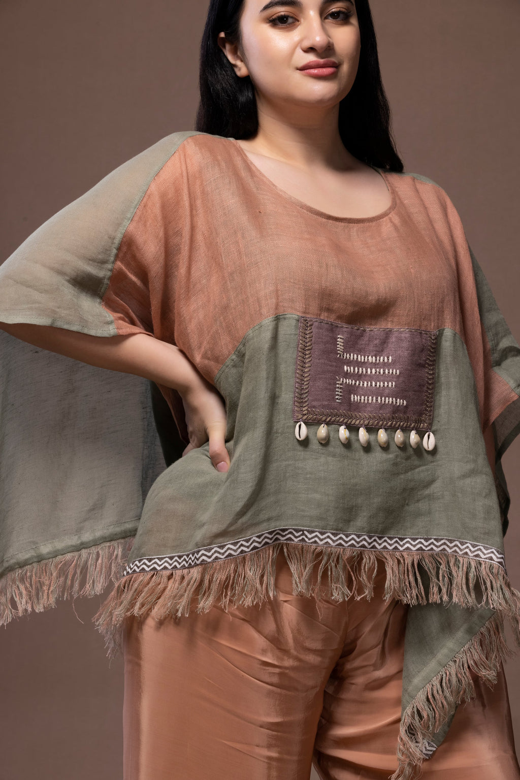 Sea Shell Embellished Multicolor Top – Handcrafted Linen Elegance | VIVIR