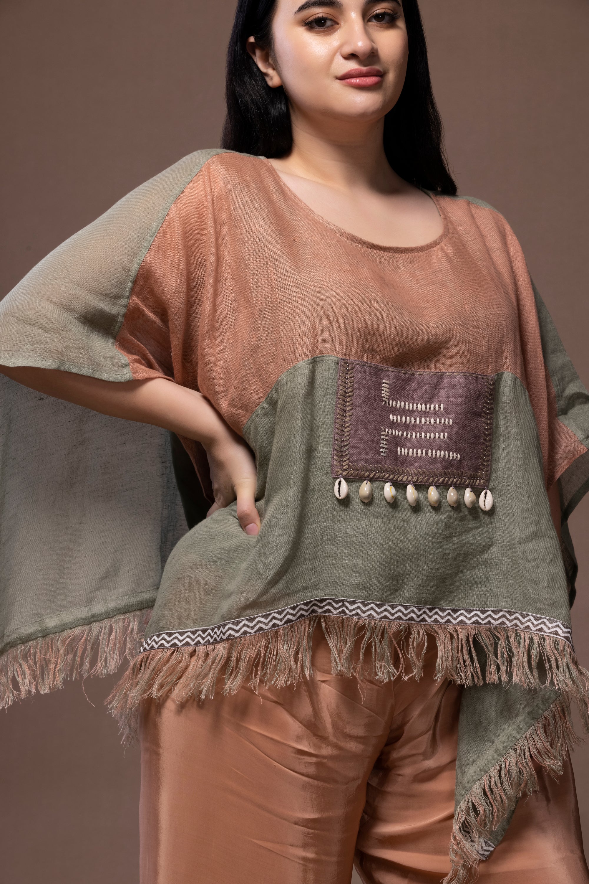 Sea Shell Embellished Multicolor Top – Handcrafted Linen Elegance | VIVIR