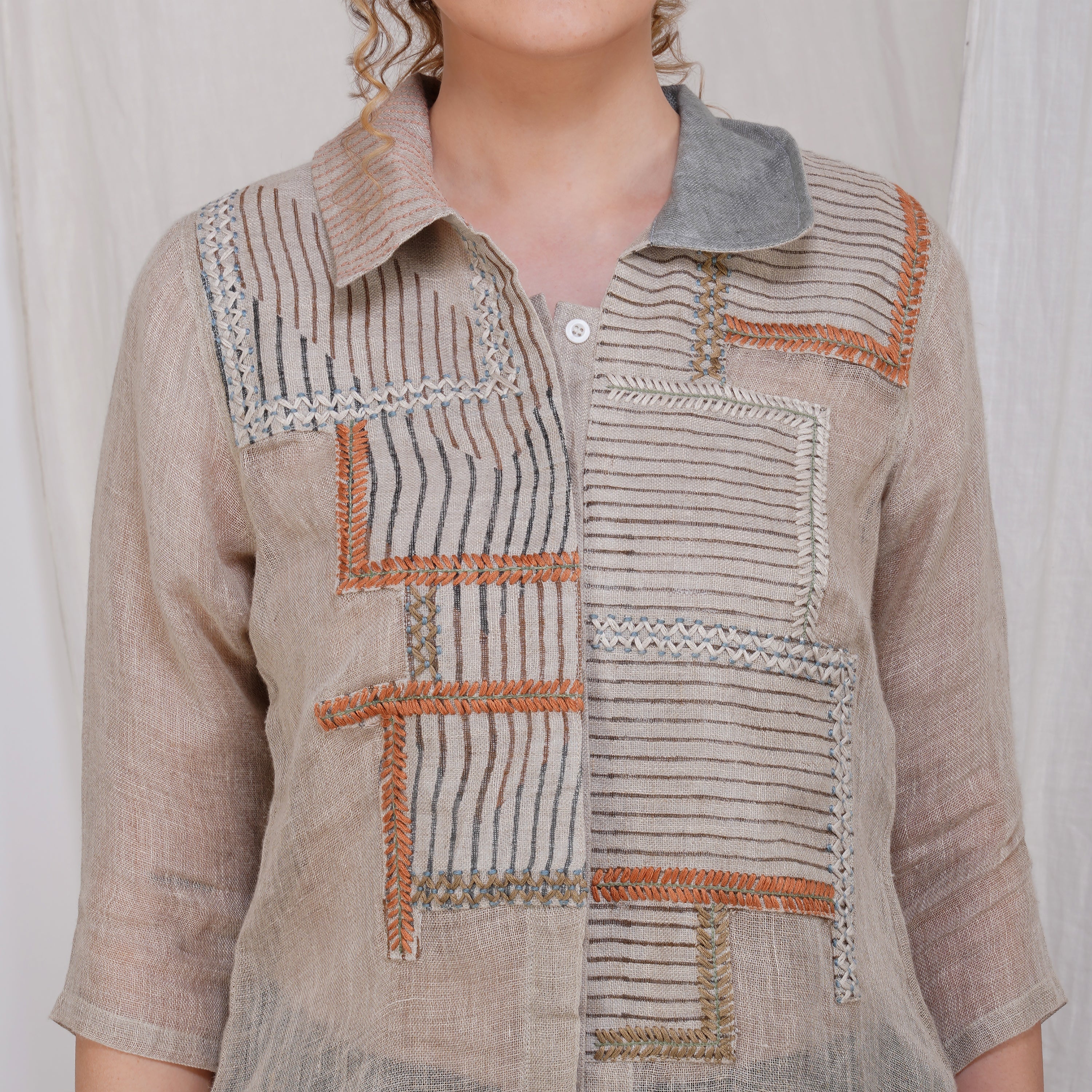Lined Embroidery Striped Patchy Shirt – Elegant Handcrafted Linen Shirt | VIVIR