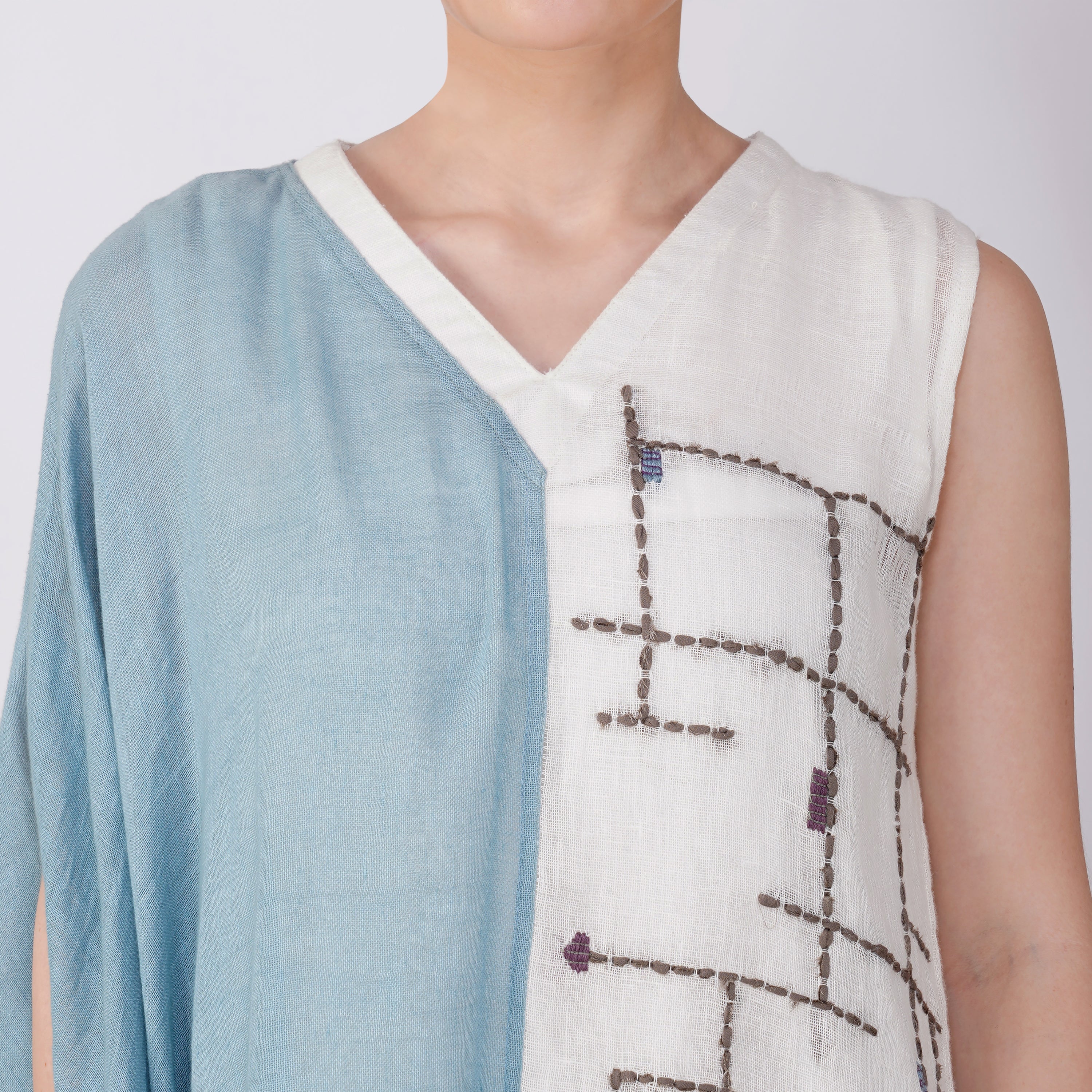 Geometric Embroidery One-Sleeve Dress – Luxe Handcrafted Linen | VIVIR