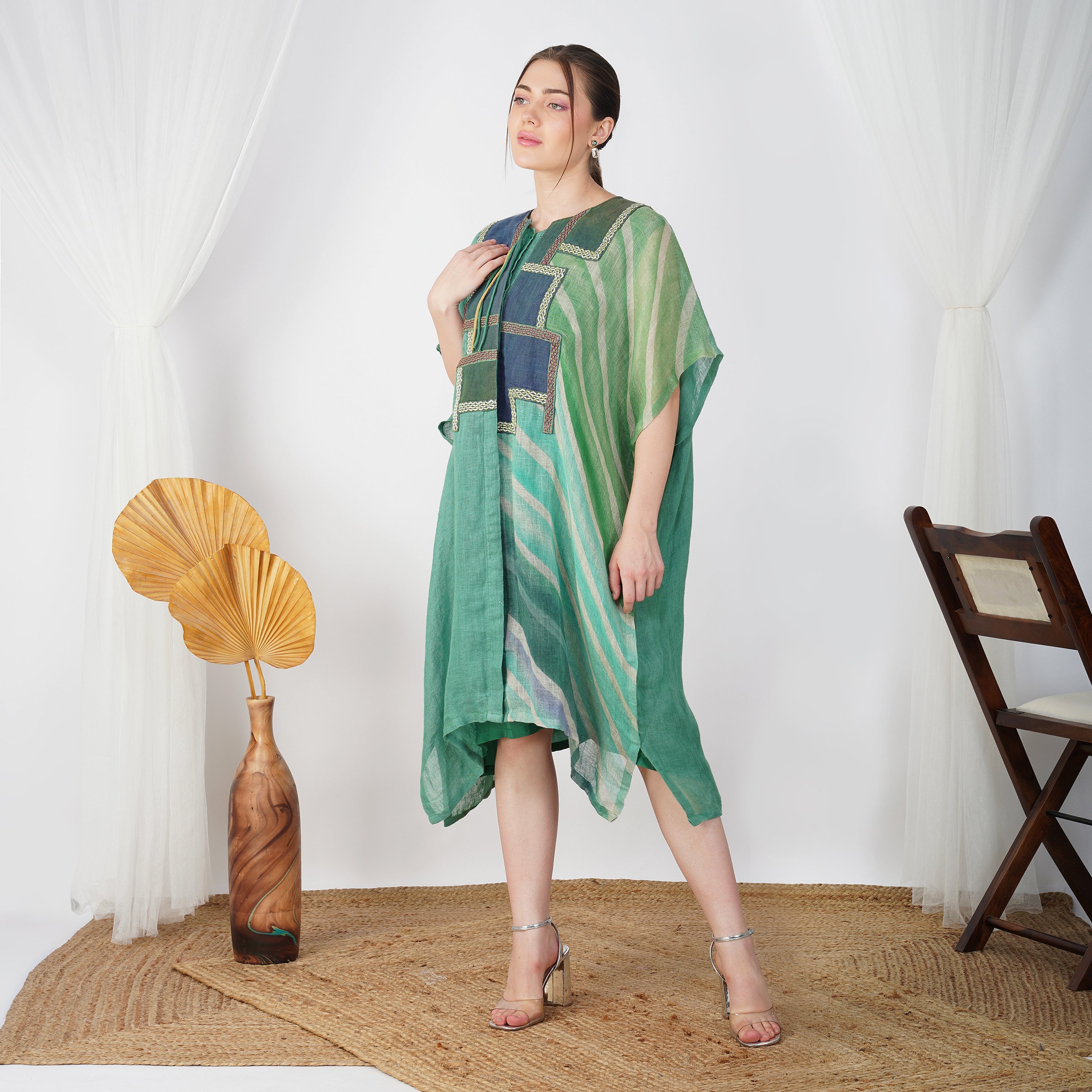 Pure linen Lehriya Patchy Dress with Motif