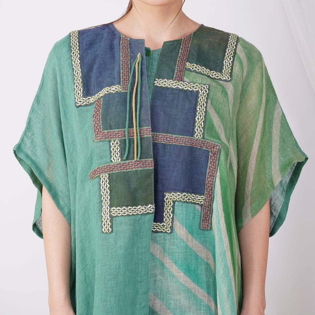 Pure linen Lehriya Patchy Dress with Motif