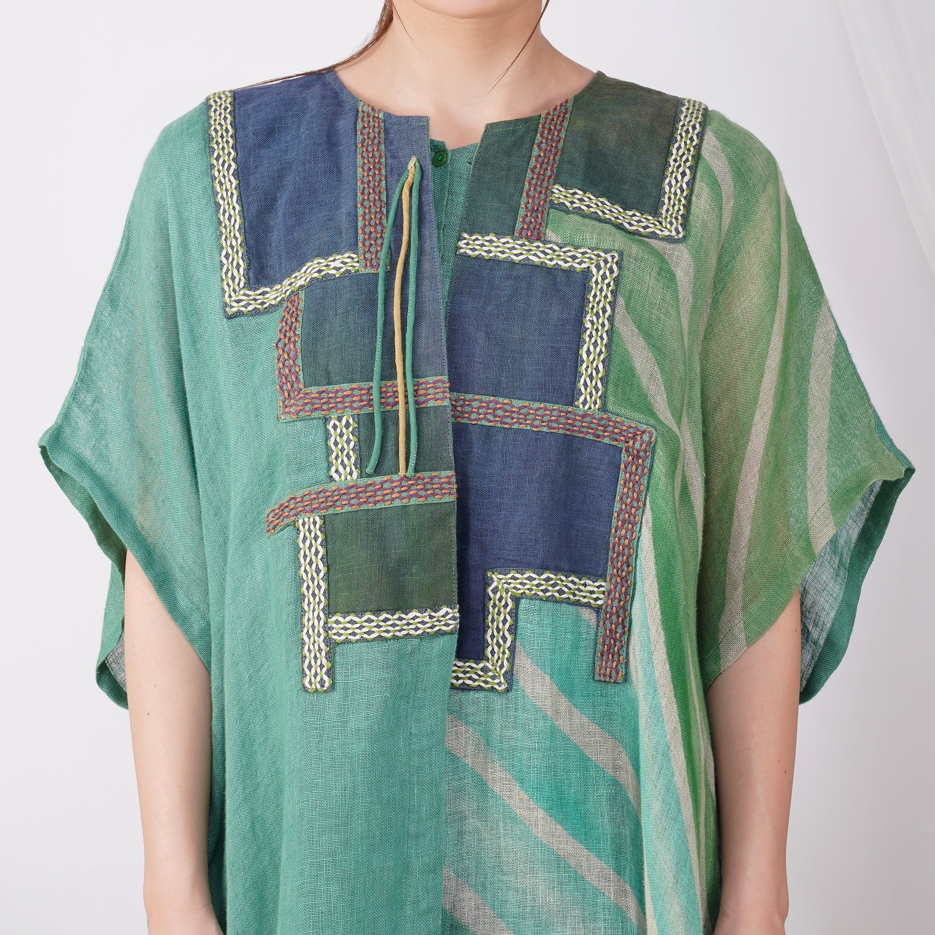 Pure linen Lehriya Patchy Dress with Motif