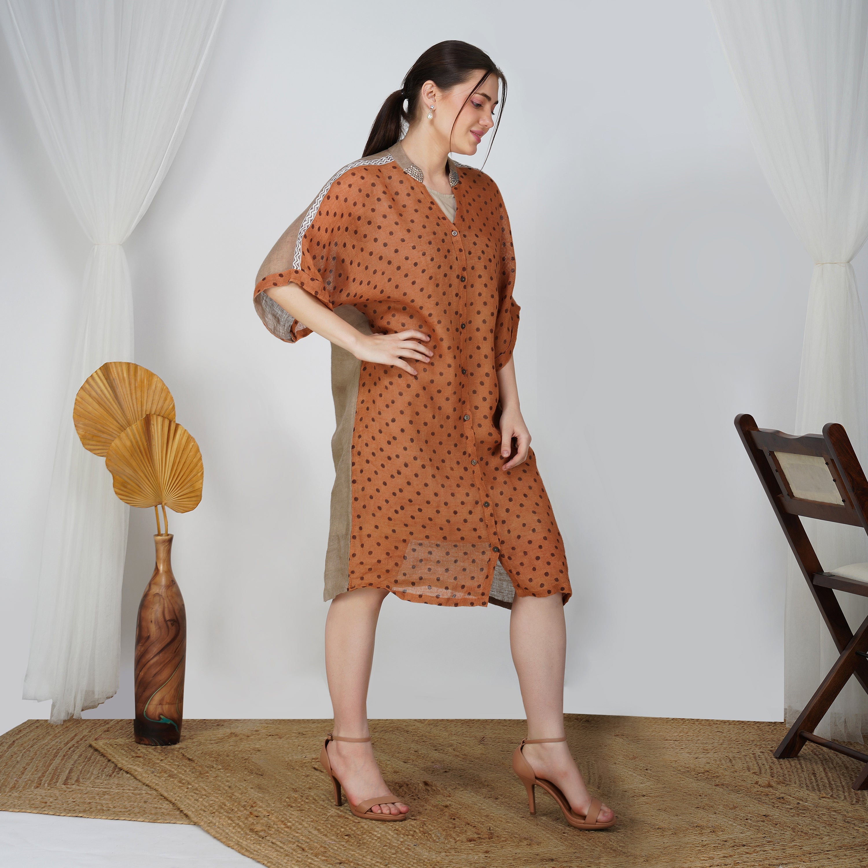Polka Dot Tunic with Contrast Panels – Stylish Handcrafted Linen | VIVIR