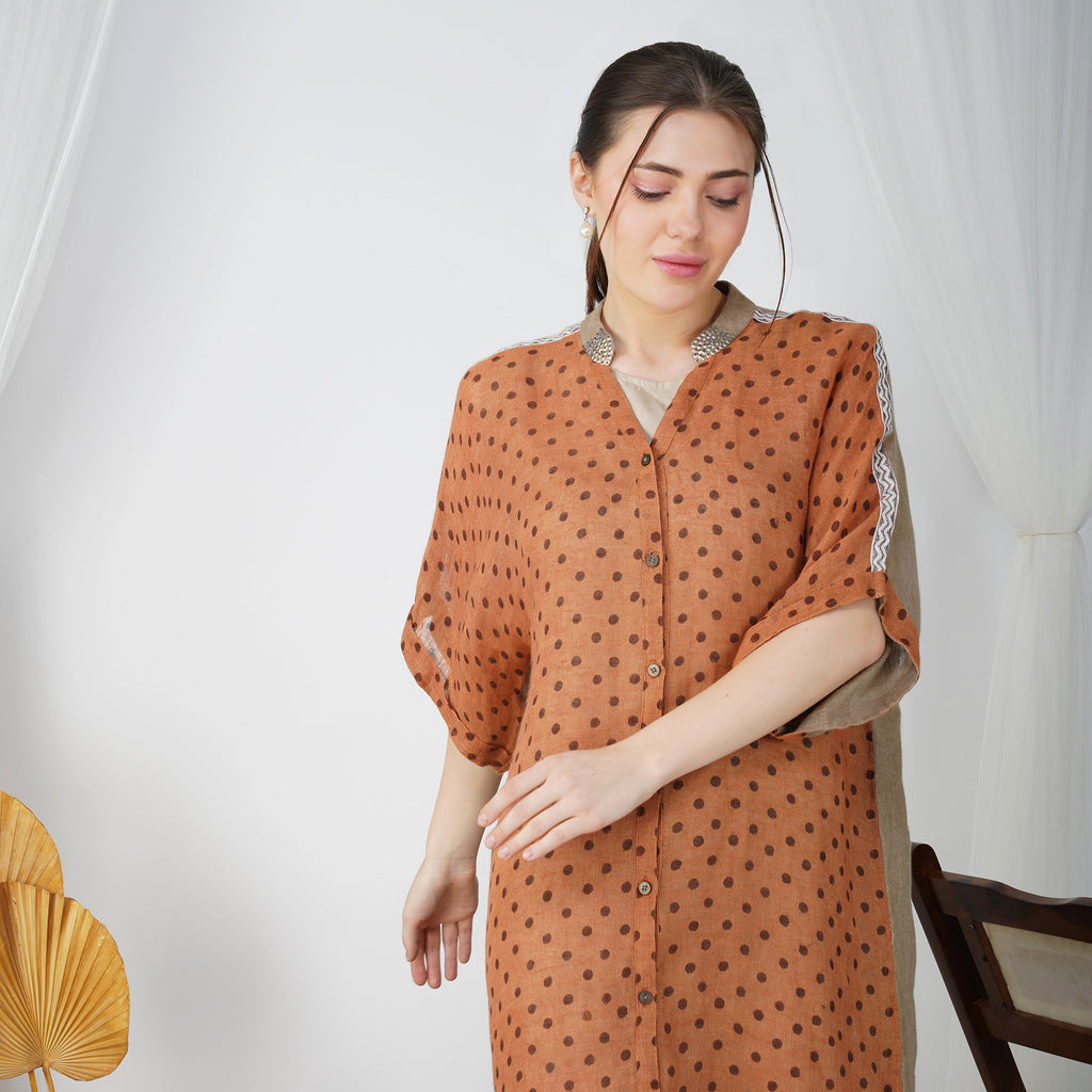 Polka Dot Tunic with Contrast Panels – Stylish Handcrafted Linen | VIVIR