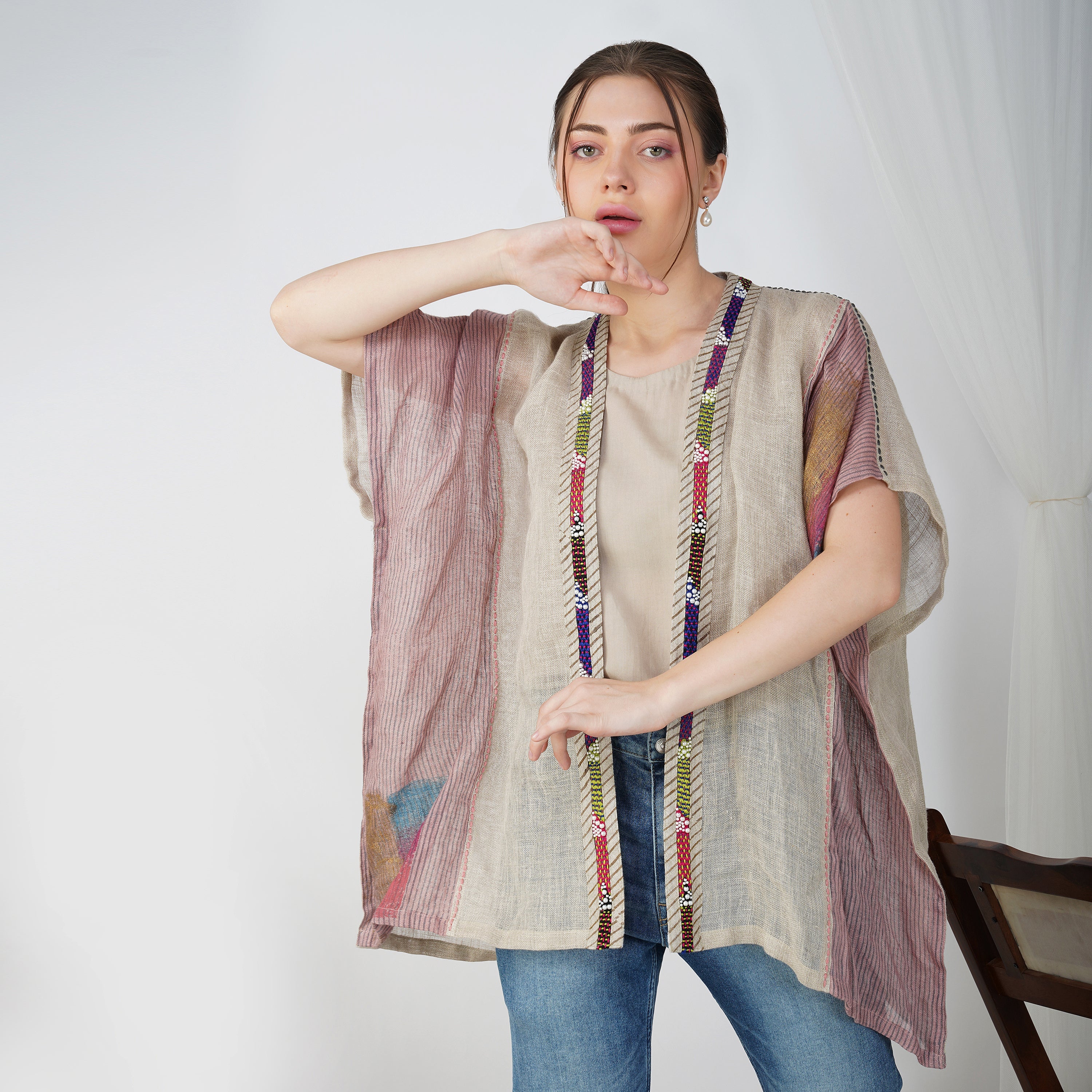 Pearl-Striped Shrug with Anchor Detailing  – Premium Handcrafted Linen Fashion | VIVIR