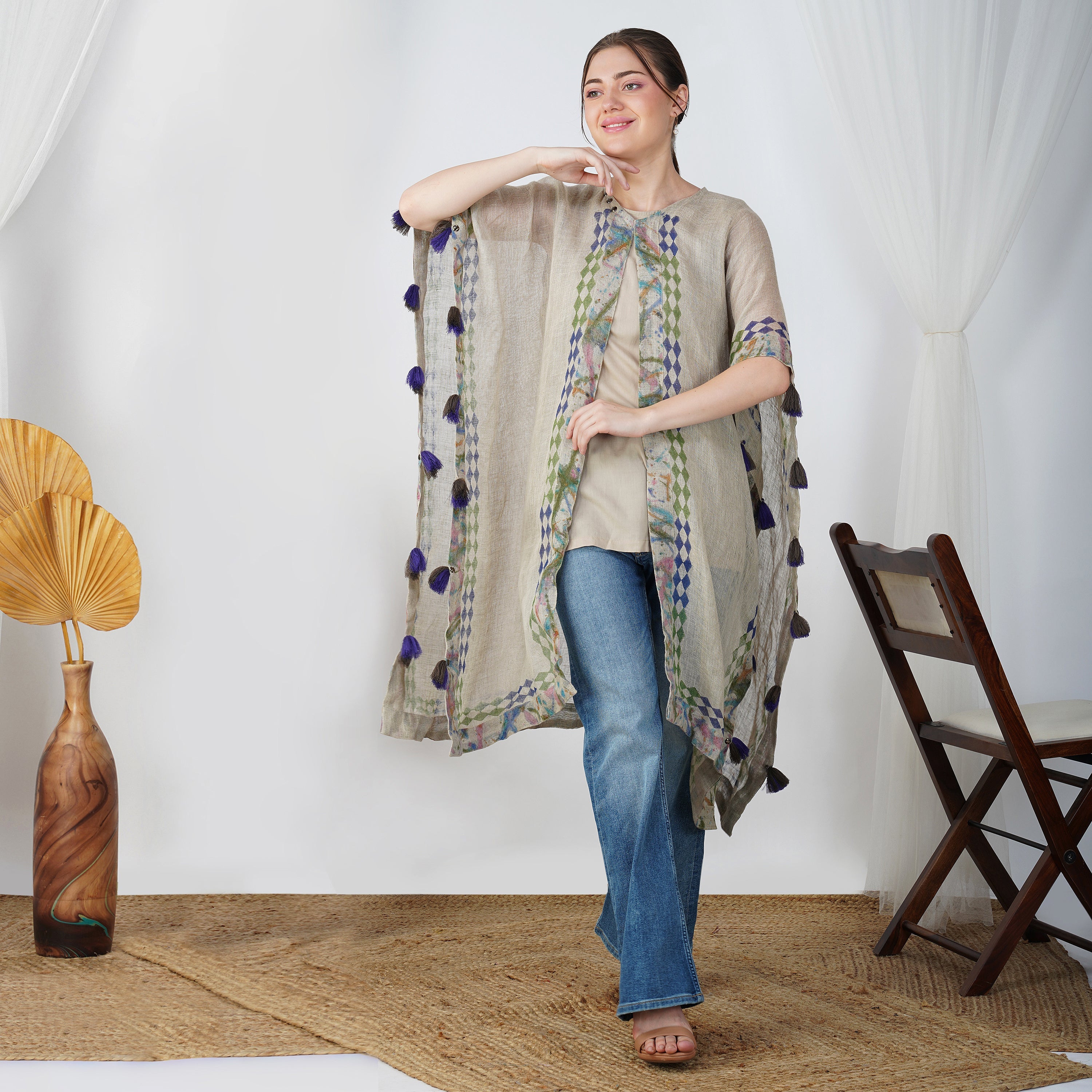 Block Print Kaftan Dress Set – Handcrafted Linen Ensemble | VIVIR