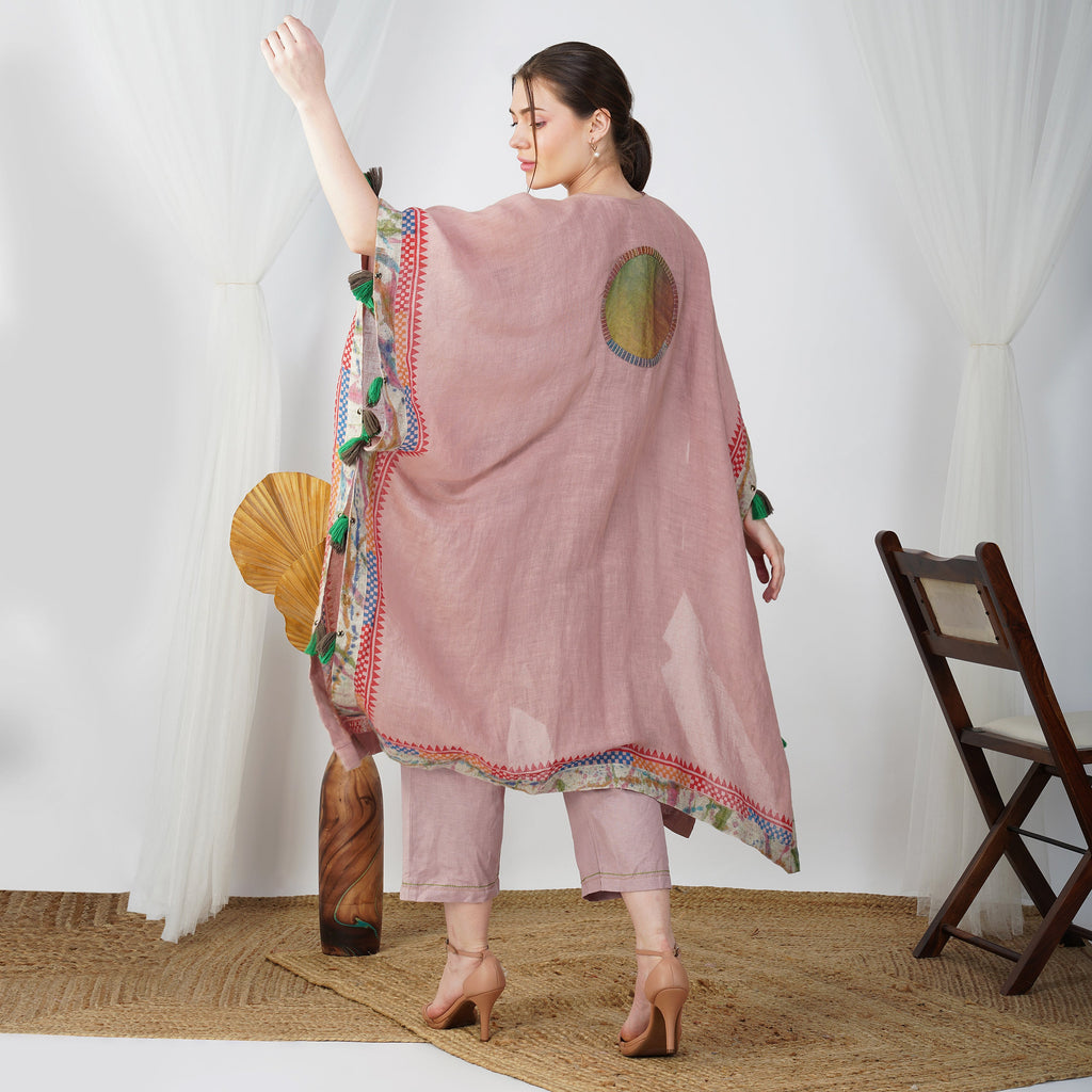 Circle Detailed Block Print Kaftan Dress Set | Handcrafted Linen Elegance | VIVIR