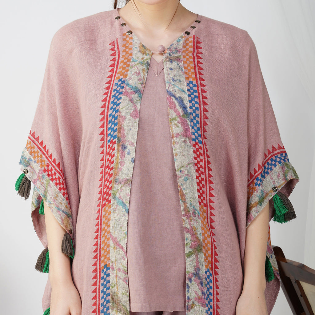 Circle Detailed Block Print Kaftan Dress Set | Handcrafted Linen Elegance | VIVIR