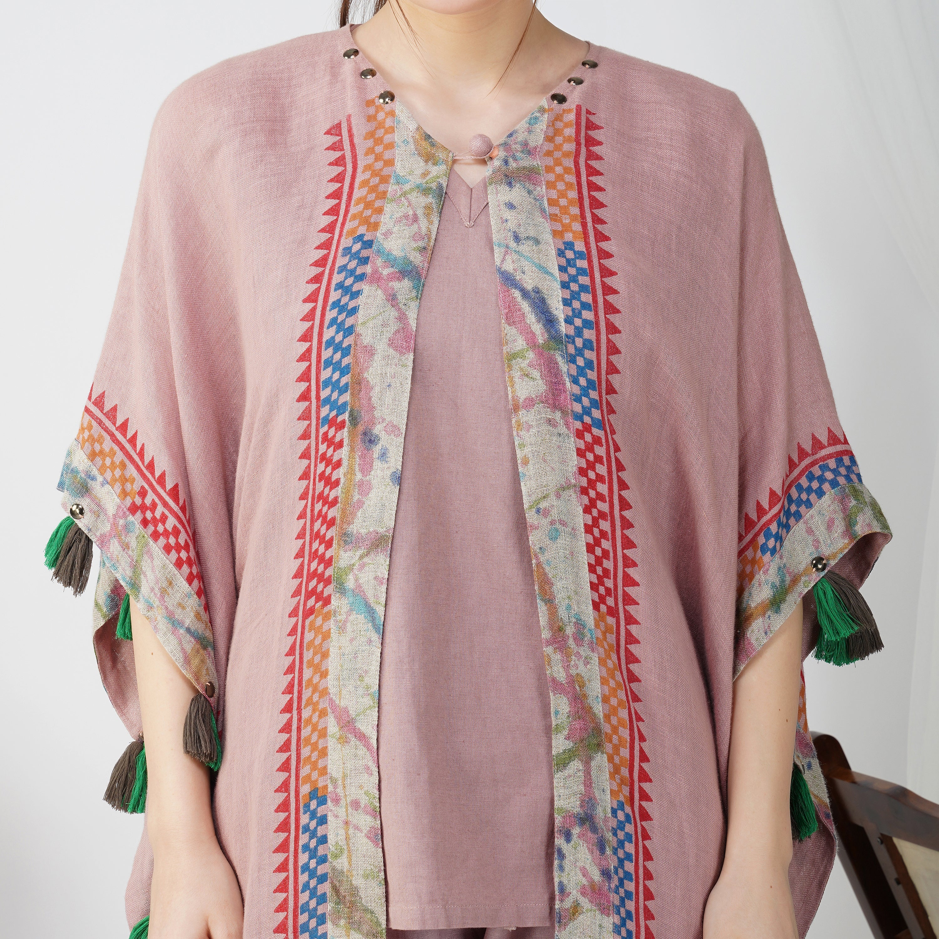 Circle Detailed Block Print Kaftan Dress Set | Handcrafted Linen Elegance | VIVIR