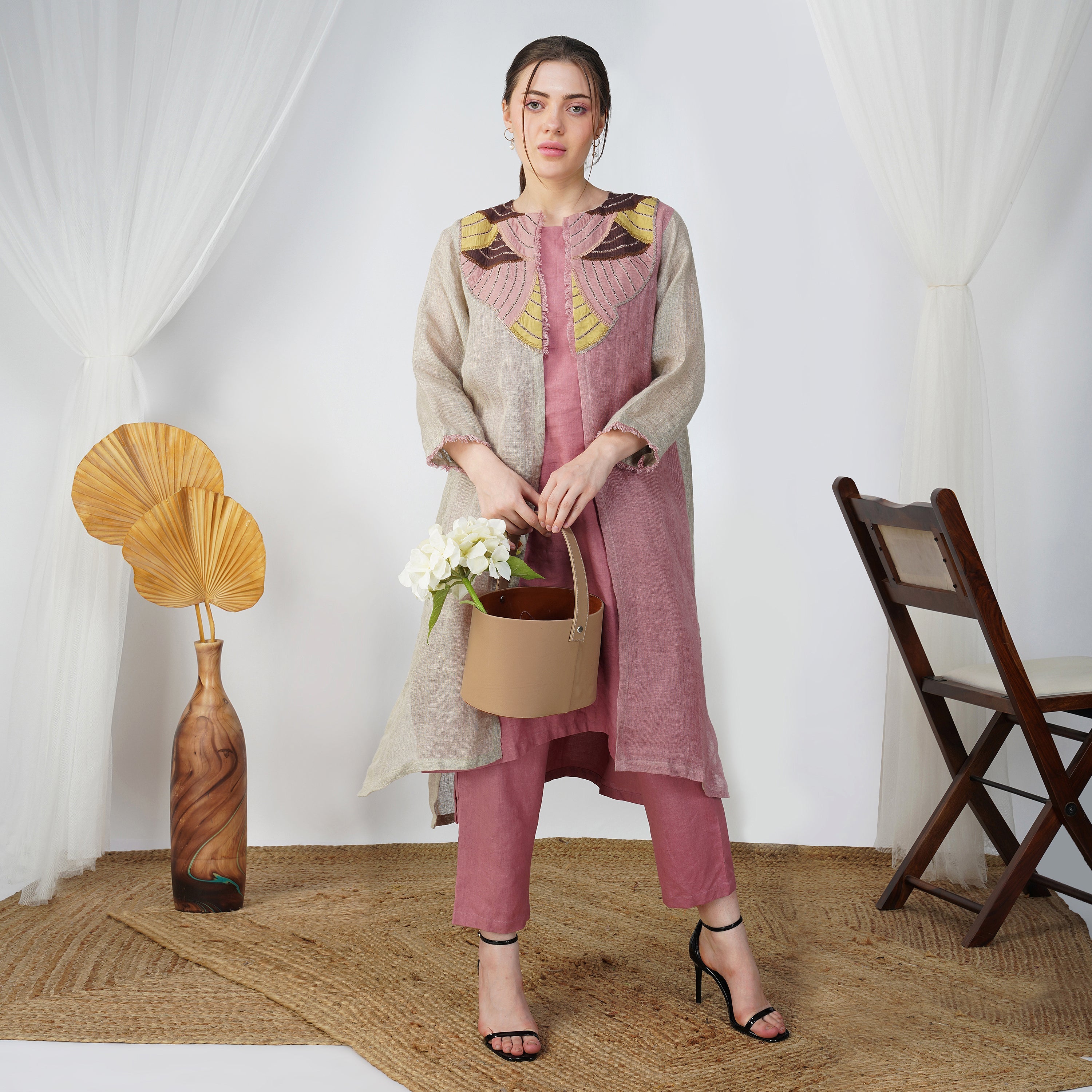 Natural Patch Jacket Dress – Elegant Handcrafted Linen Fashion | VIVIR 