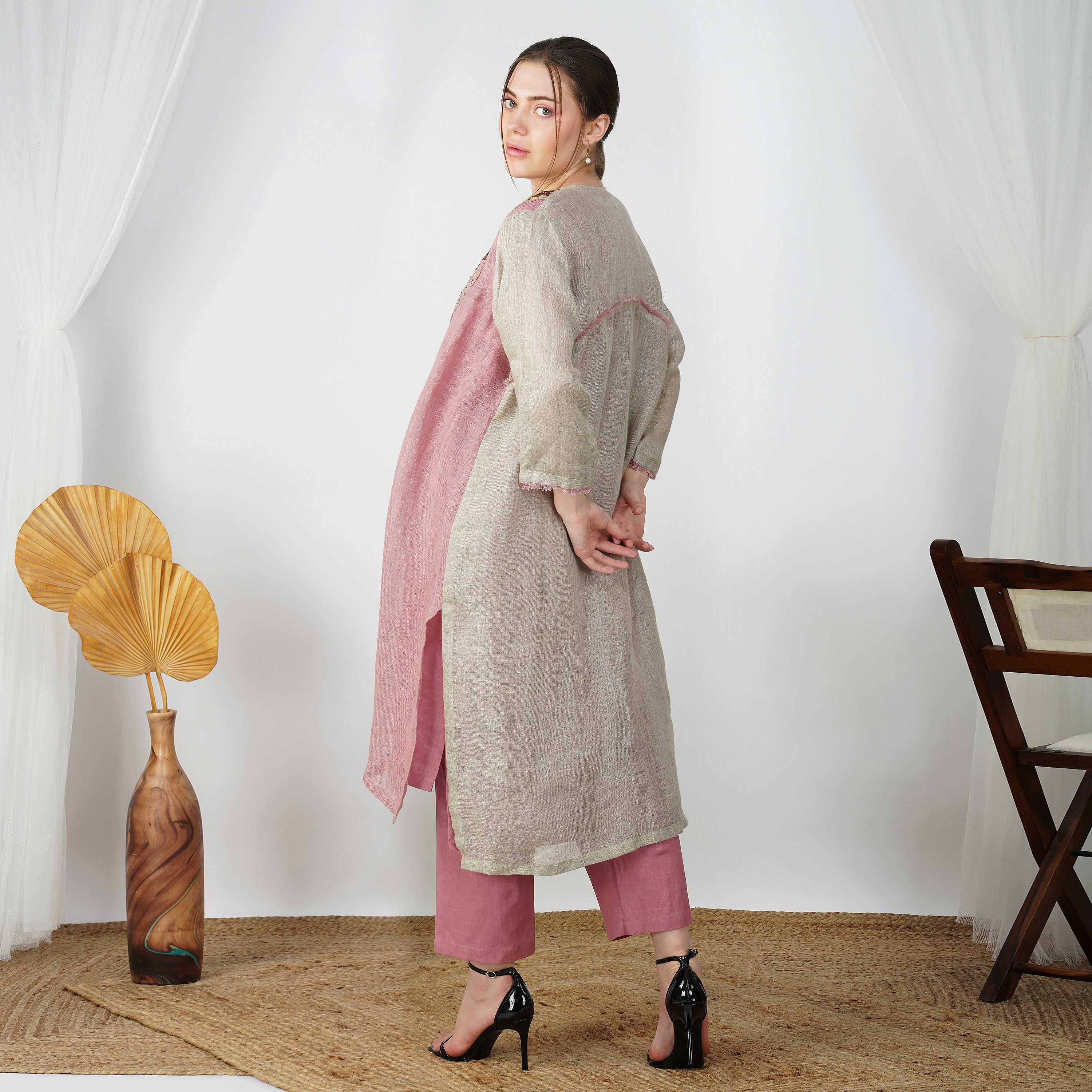 Natural Patch Jacket Dress – Elegant Handcrafted Linen Fashion | VIVIR