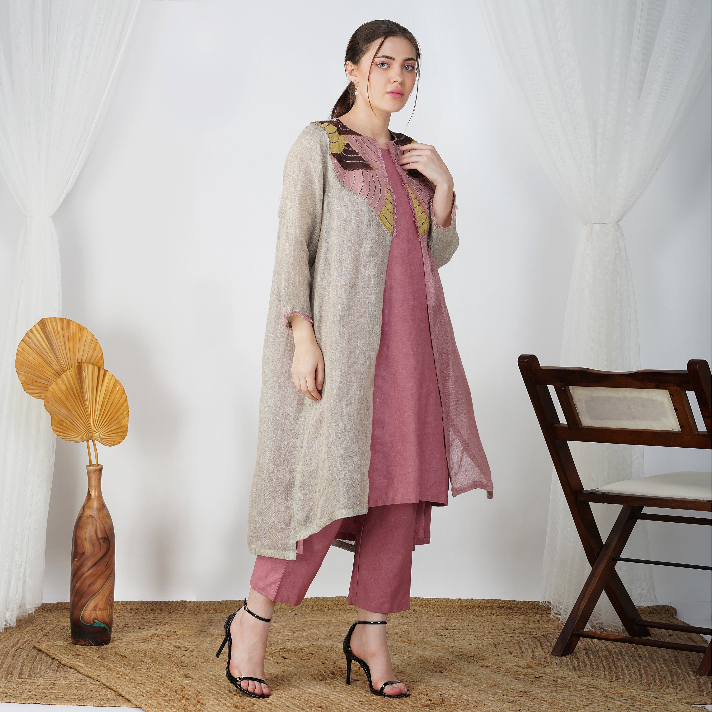Natural Patch Jacket Dress – Elegant Handcrafted Linen Fashion | VIVIR