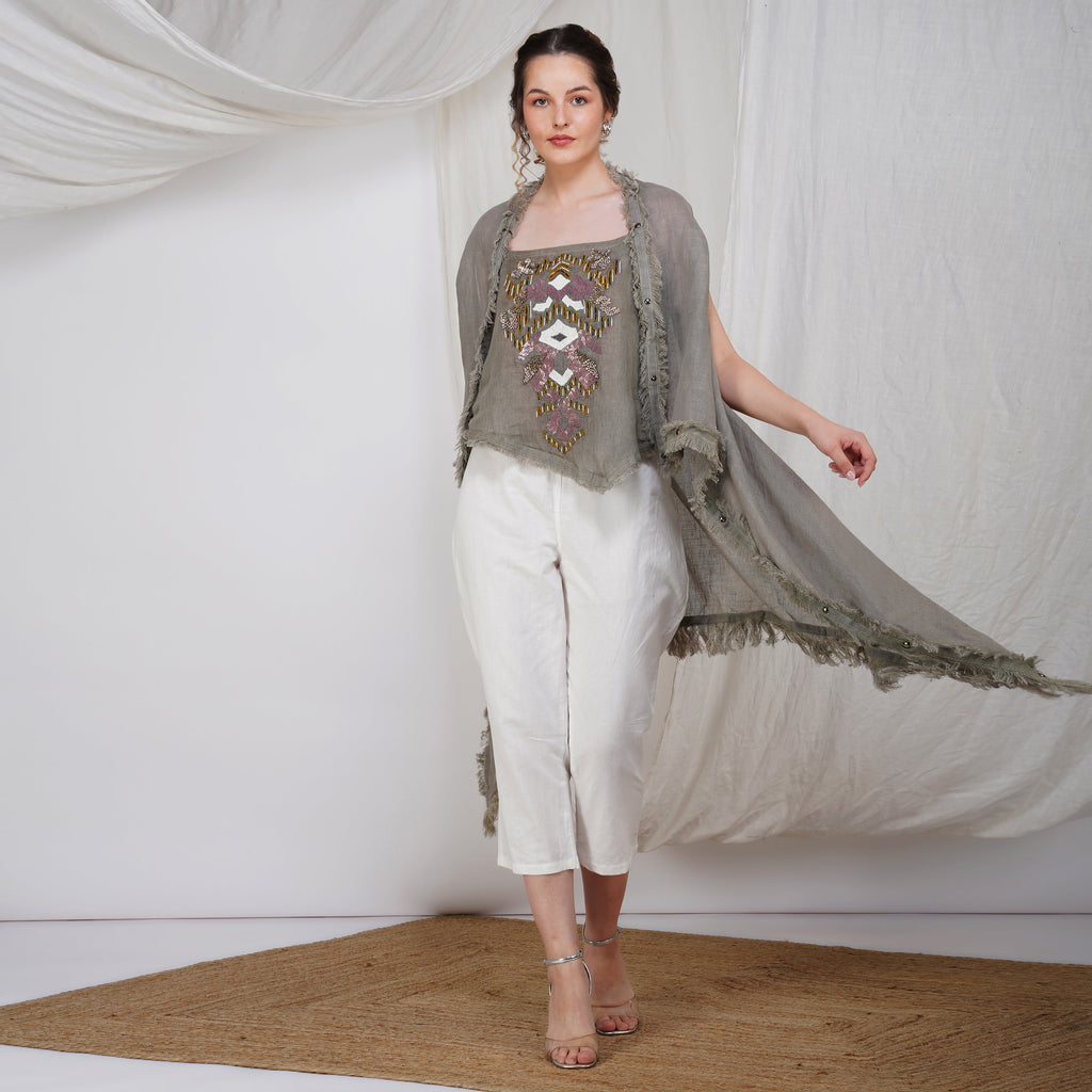 Fringed Shrug Set with Tube Inner – Stylish Handcrafted Linen | VIVIR