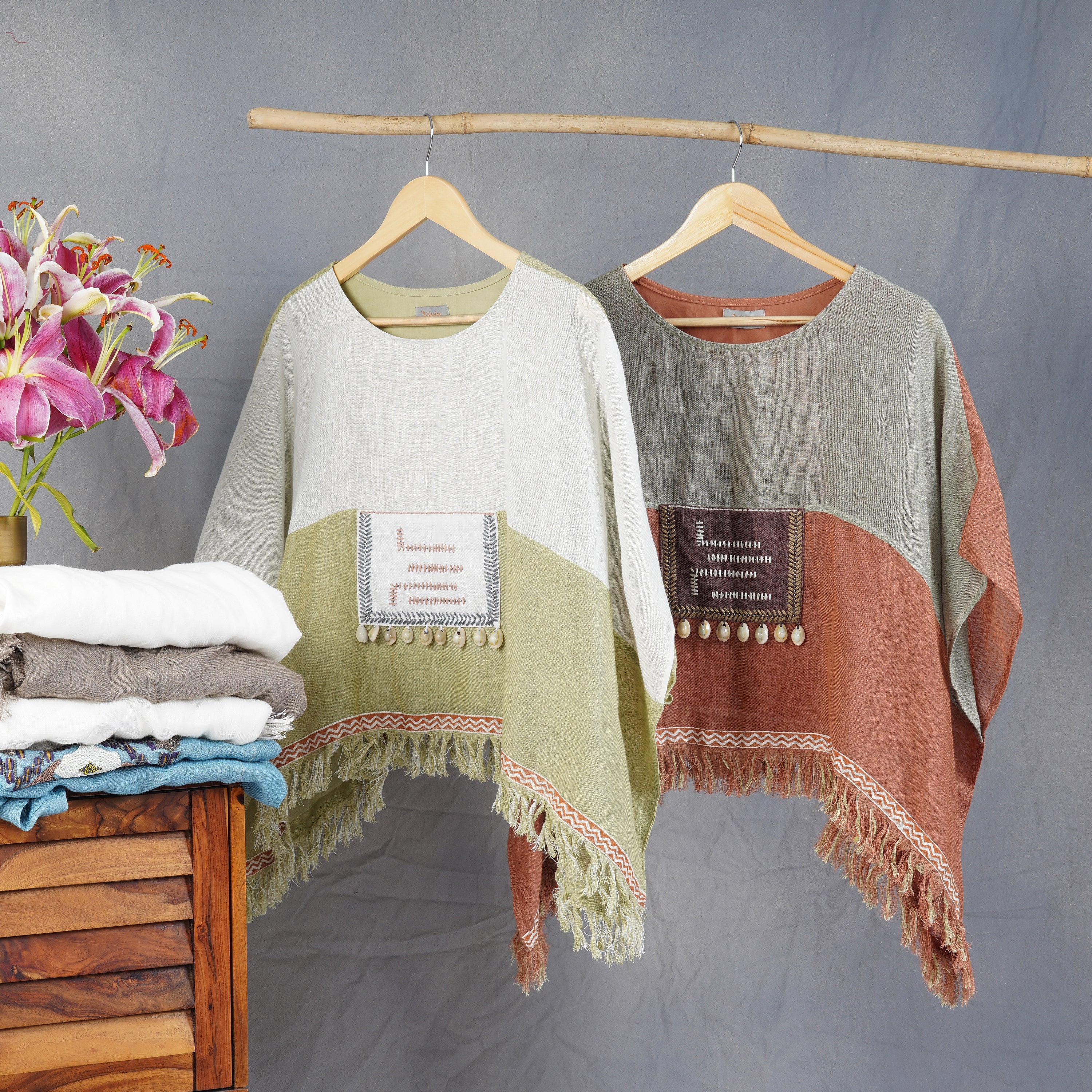 Sea Shell Embellished Multicolor Top – Handcrafted Linen Elegance | VIVIR