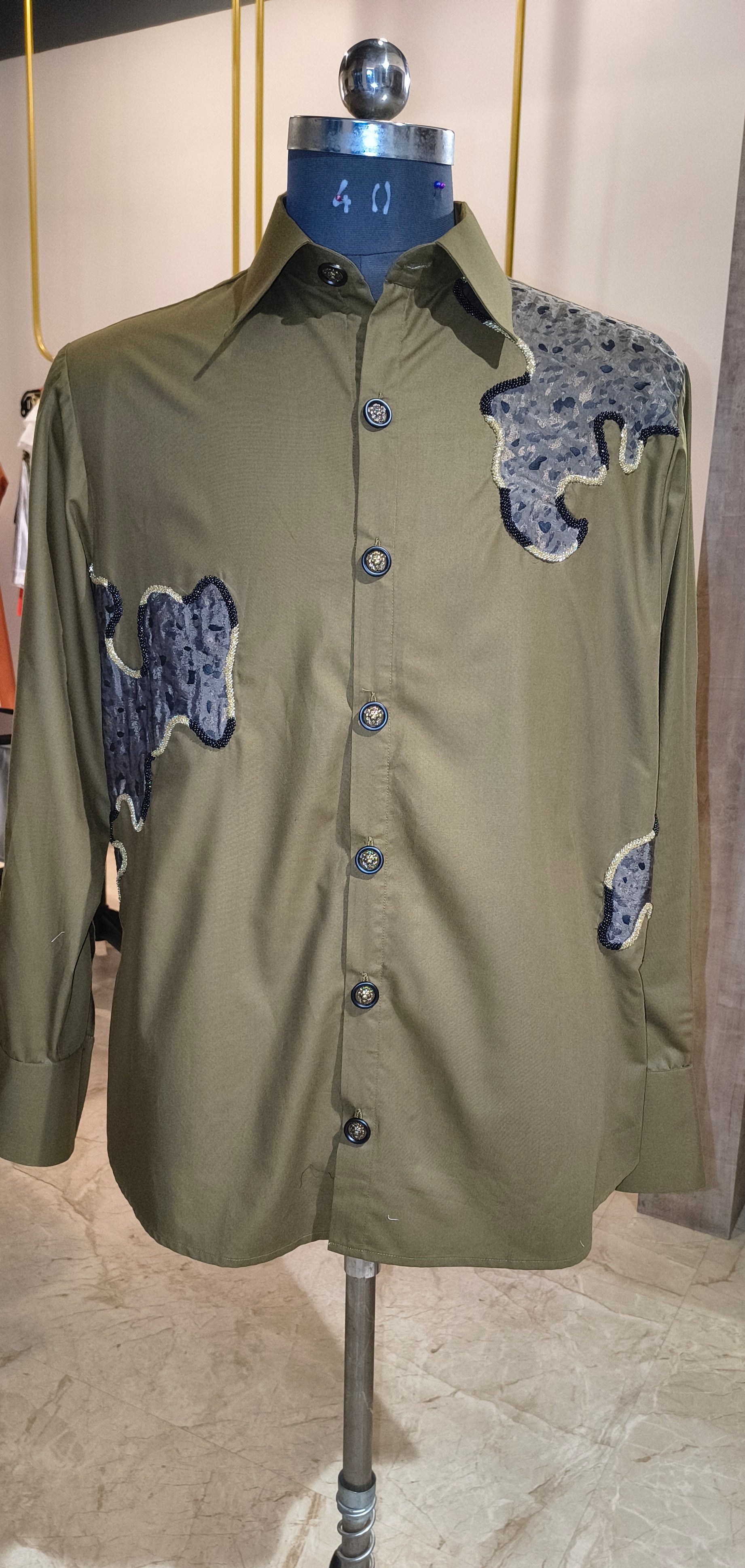 Dark Green Printed Full Sleeves Mens Shirt