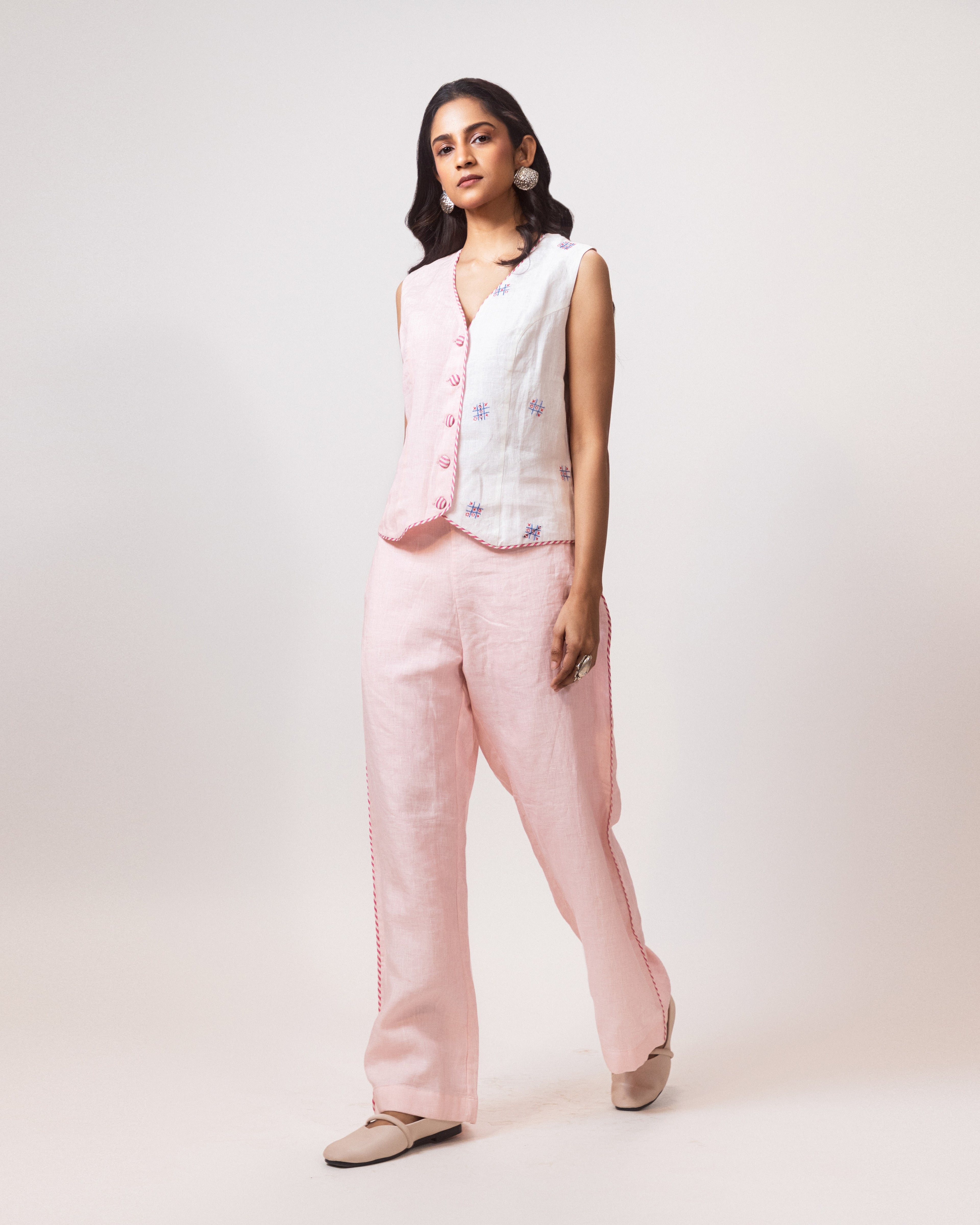 Ivory Blush Linen Embroidered Cord Set
