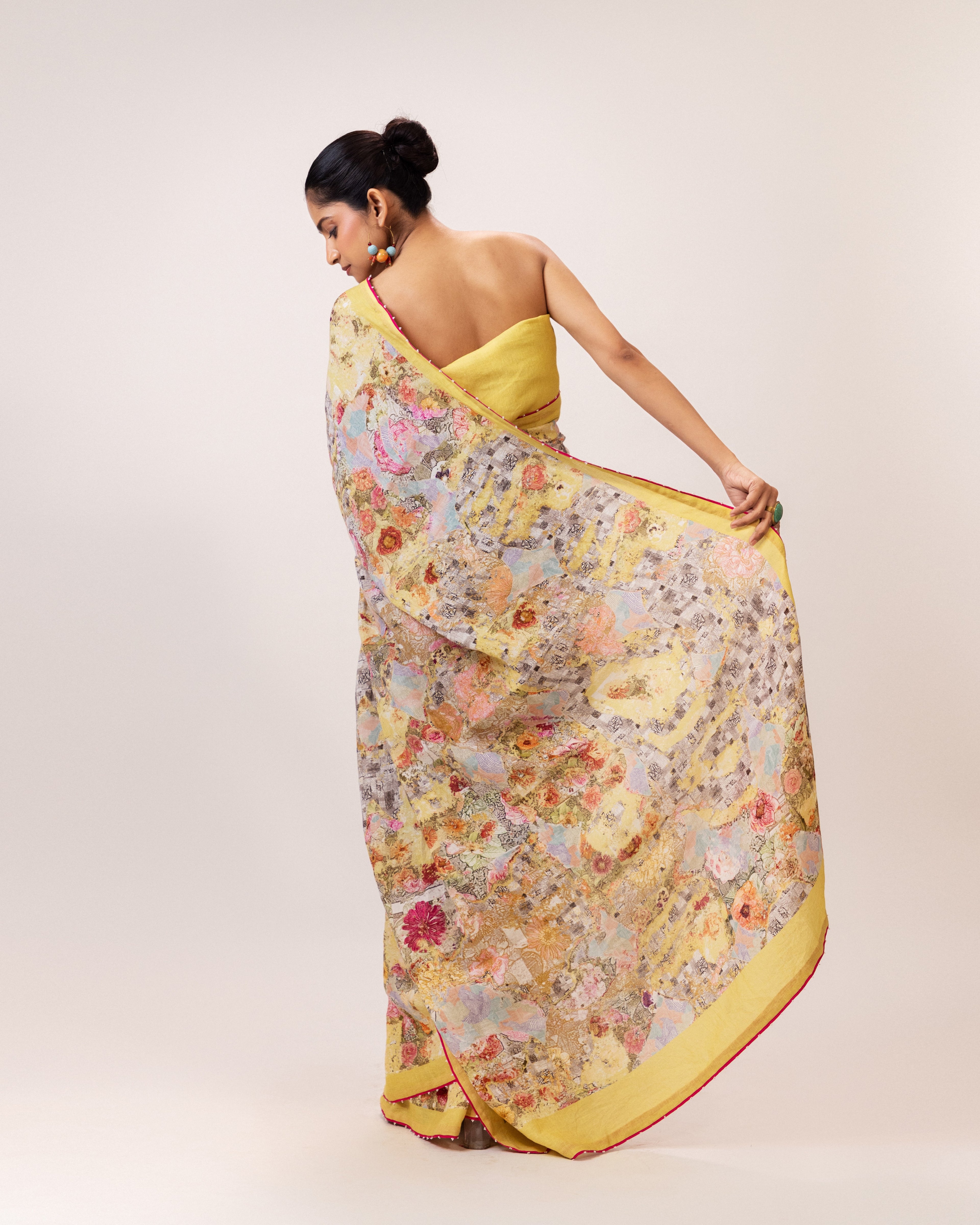 Golden Meadow Floral Linen Saree