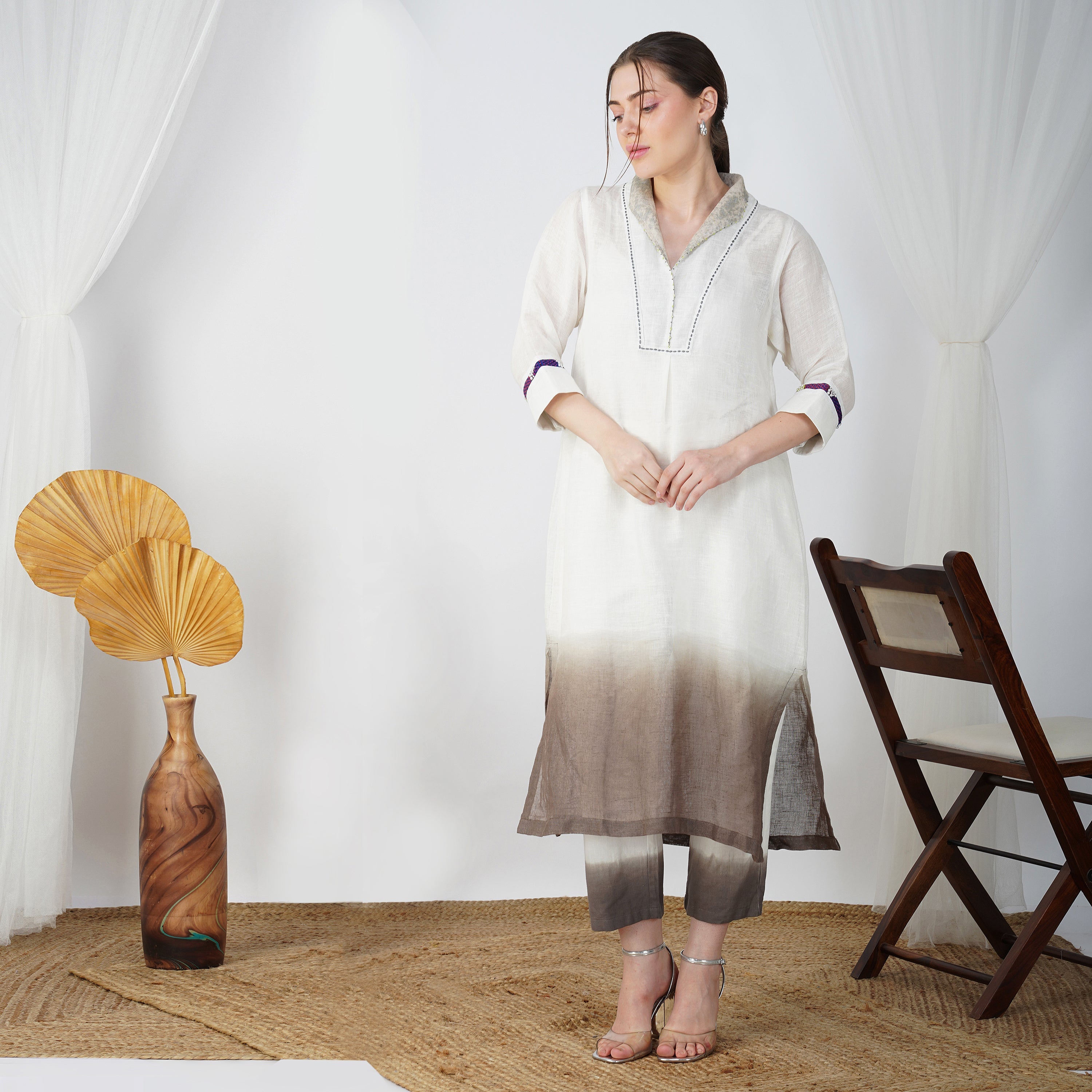 Double Shaded Tunic with Foil & Beads – Elegant Handcrafted Linen | VIVIR