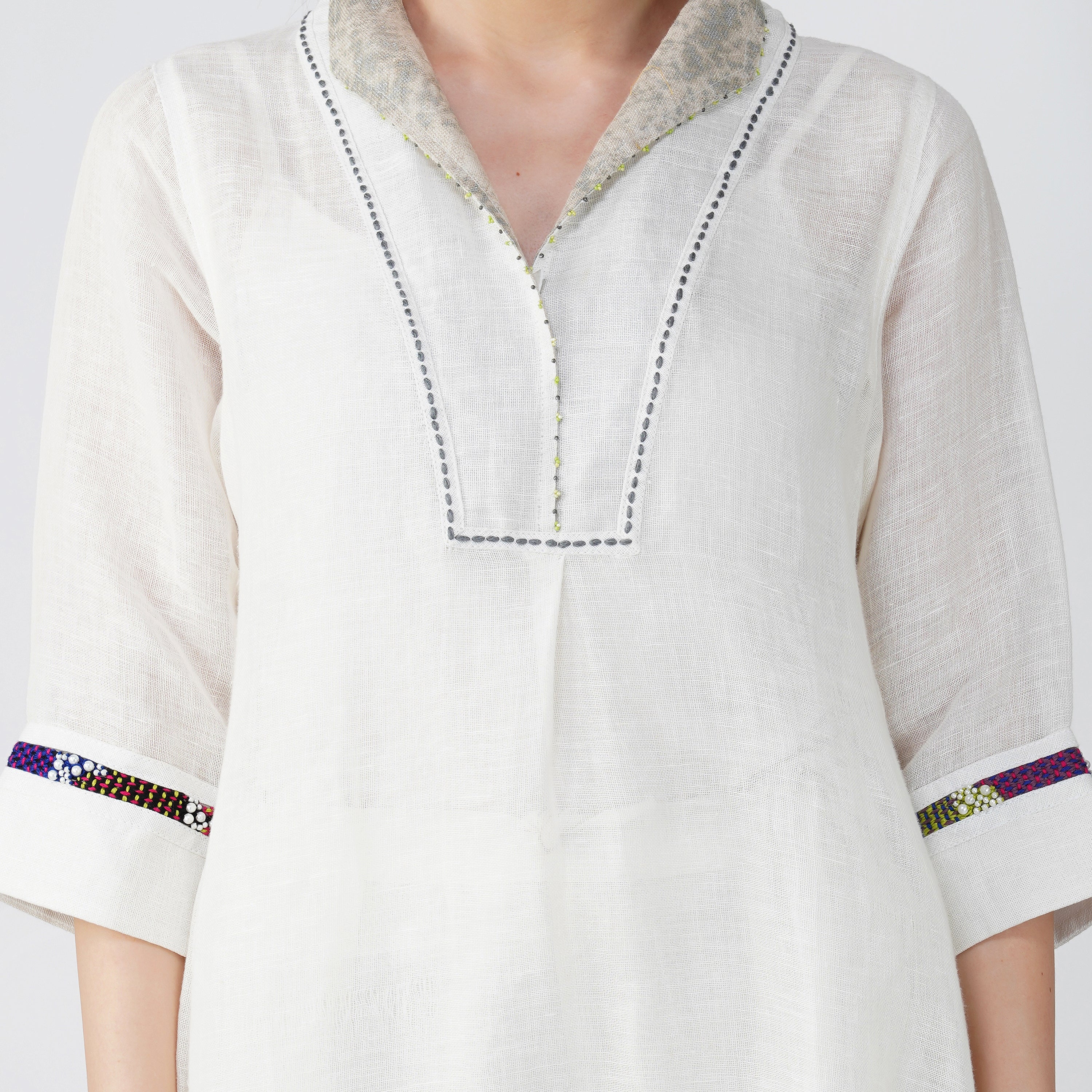 Double Shaded Tunic with Foil & Beads – Elegant Handcrafted Linen | VIVIR